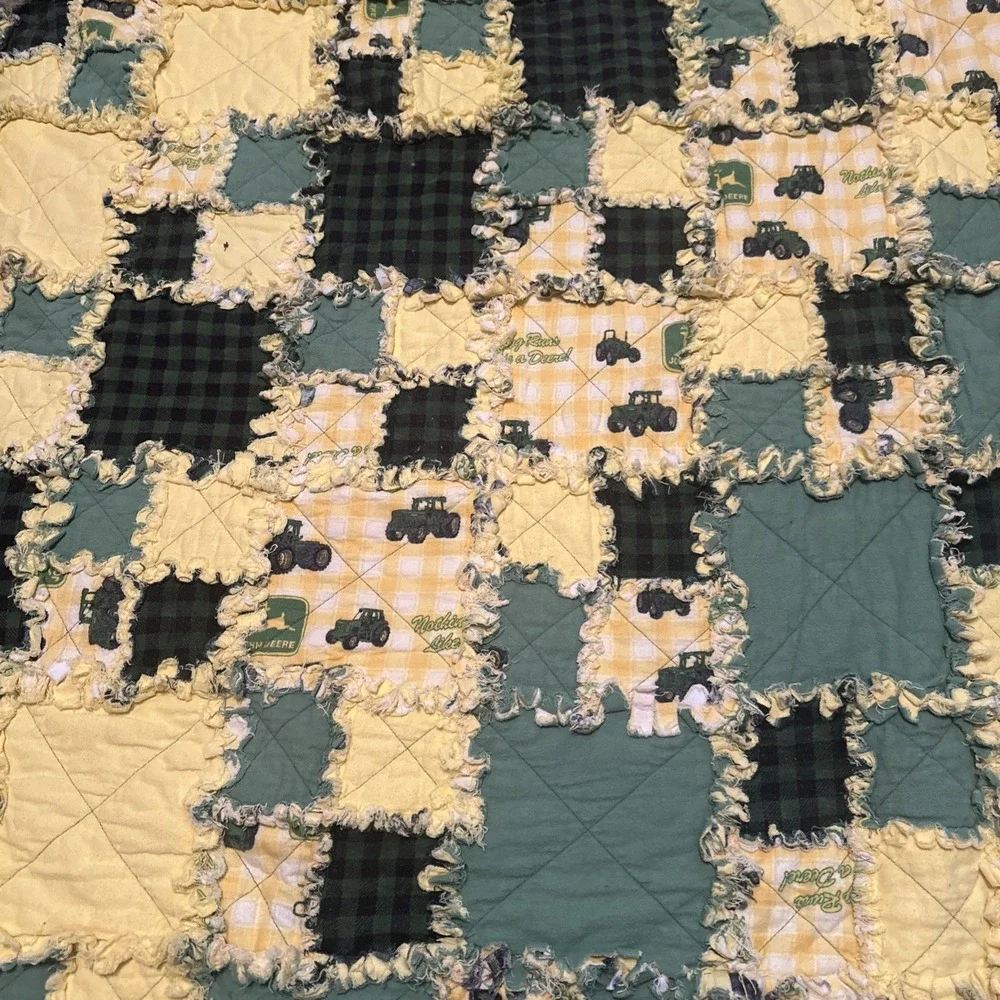 Vintage Handmade John Deere Tractor Baby Toddler Lap Patchwork Rag Quilt 60 X 46